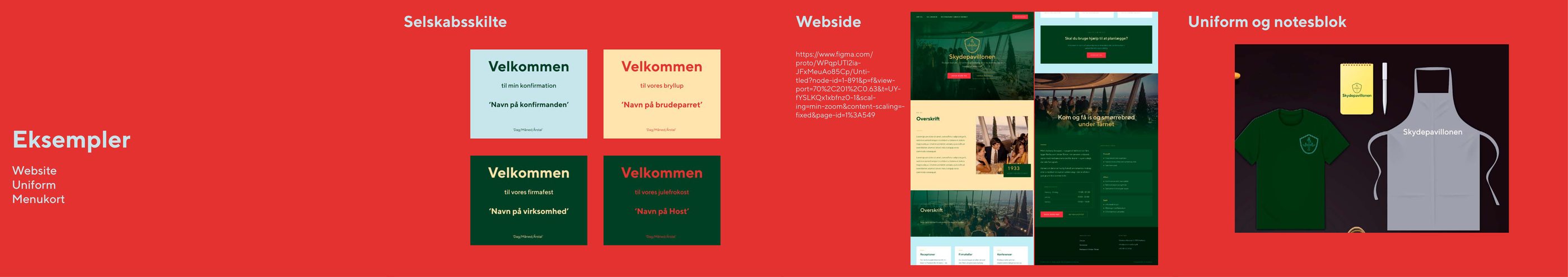 Skydepavillonen — Eksempler: selskabsskilte, webside og uniform.