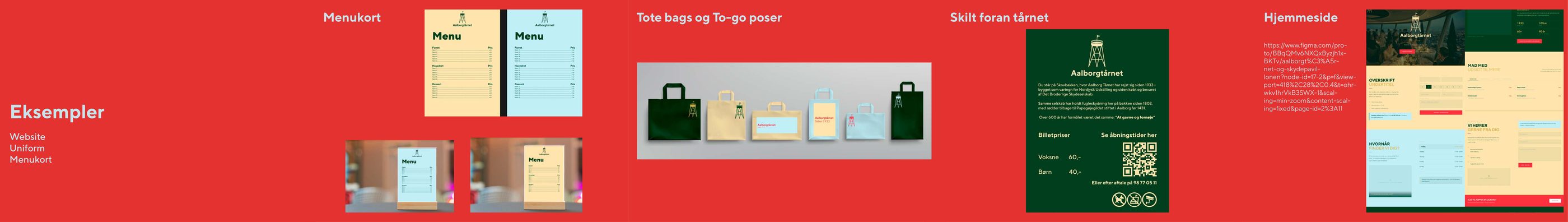 Aalborgtårnet — Eksempler: menukort, tote bags, skiltning og hjemmeside.