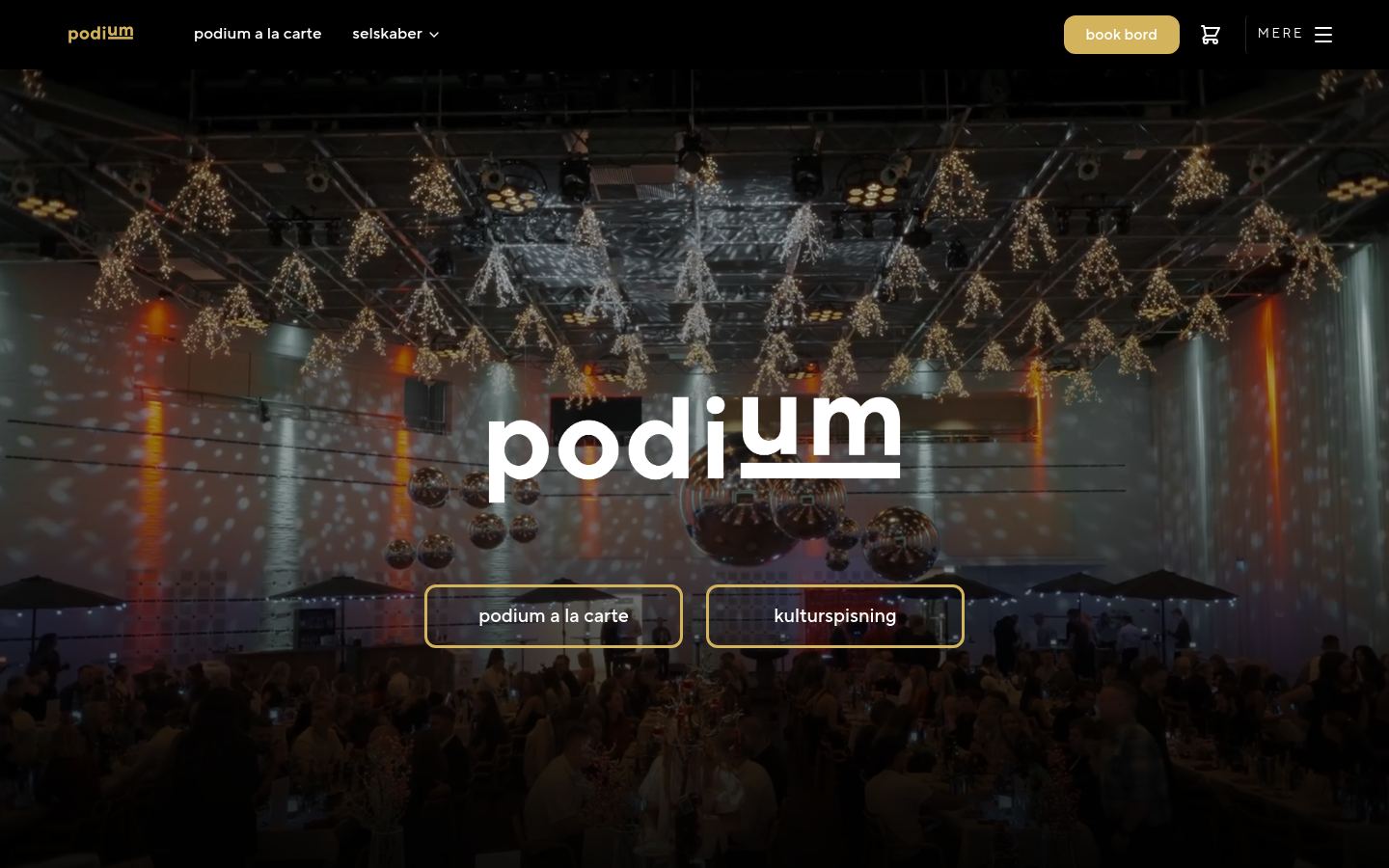 restaurantpodium.dk — forsidens hero med wordmark over festscene.