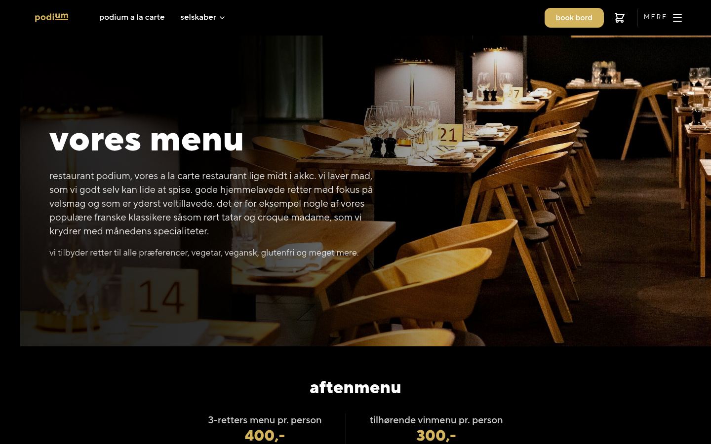 restaurantpodium.dk — "vores menu" med varm restaurant-stemning.
